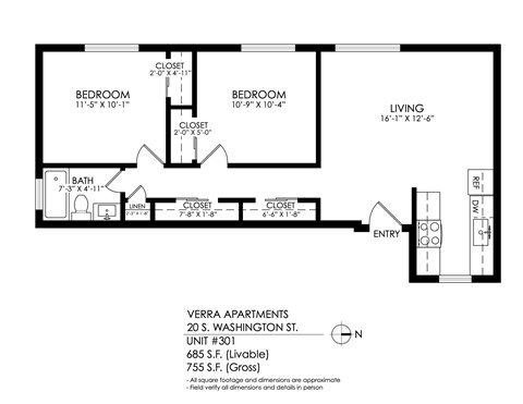 A floor plan for a living space with a bathroom and two bedrooms.